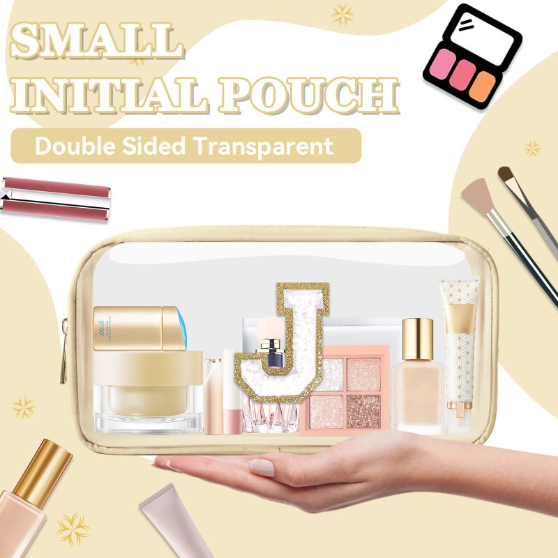 Iqimott Small Clear Personalized Initial Makeup Bag Nylon Preppy A-Z Chenille Letter Patch Cosmetic Pouch Beach Toiletry Bag Waterproof Zipper Travel Purse Storage Bag Organizer for Women Girls(Beige-White J) - Image 4